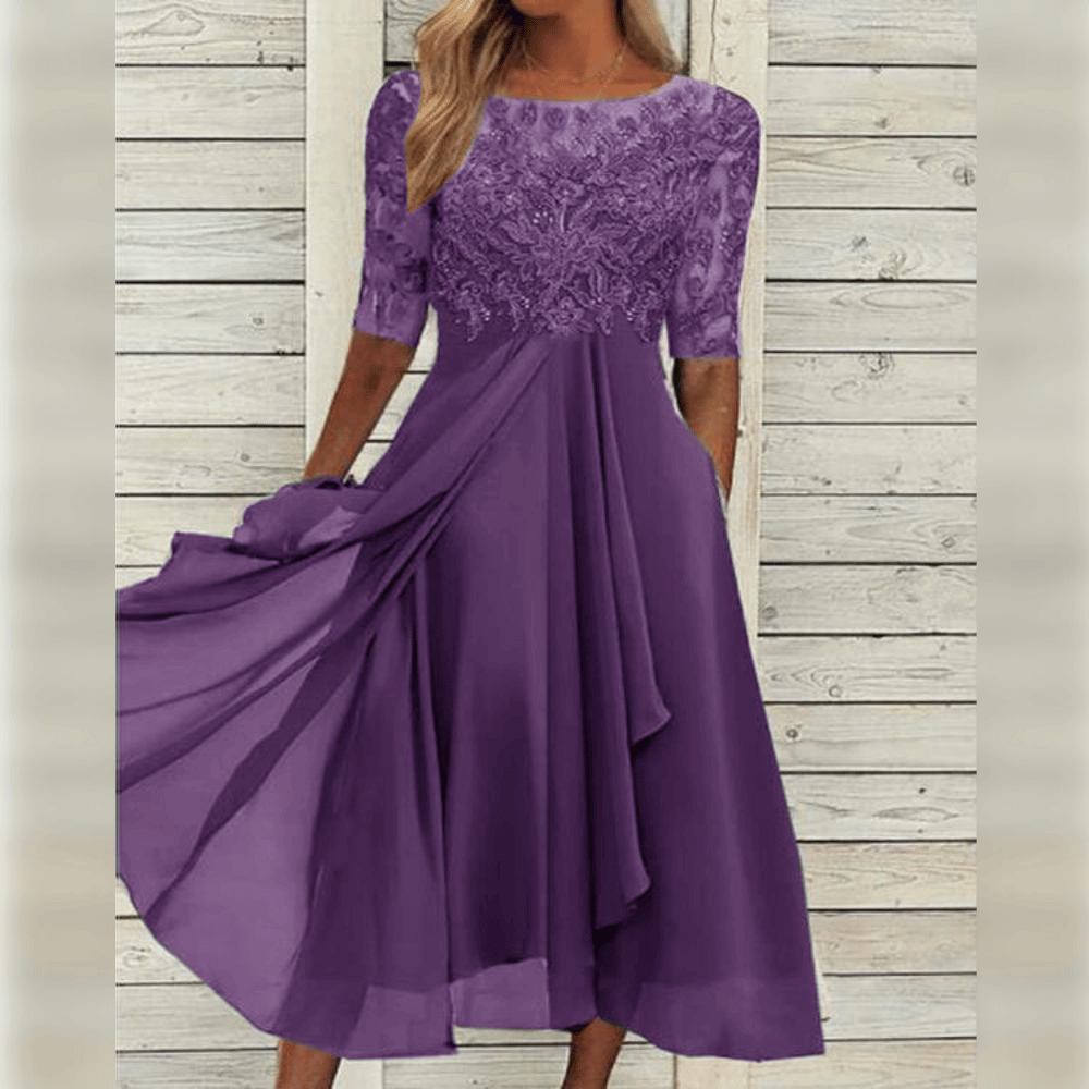 Femme Robe Midi à Col Rond avec Broderie Florale et Jupe Évasée