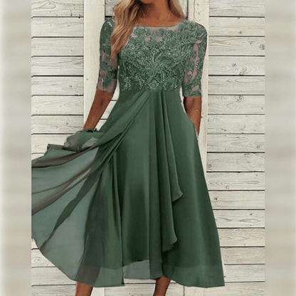 Femme Robe Midi à Col Rond avec Broderie Florale et Jupe Évasée