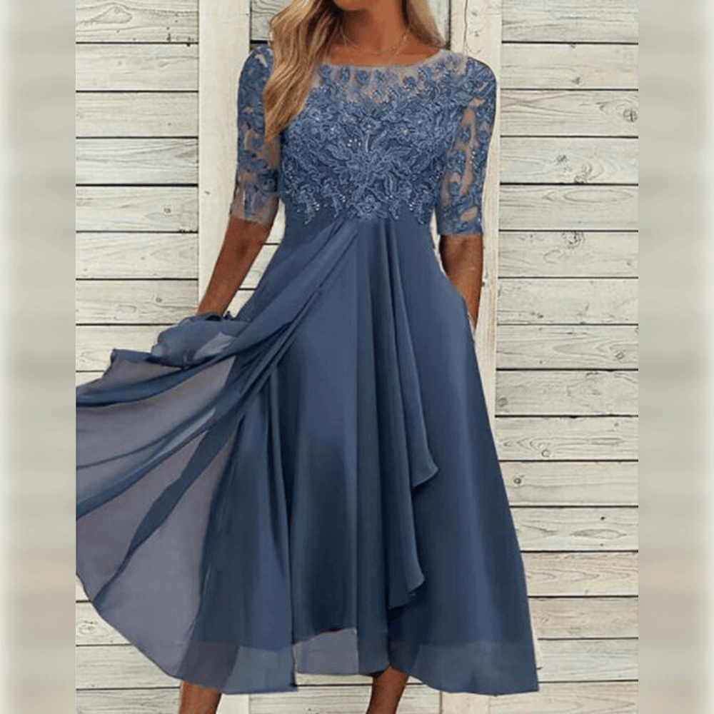 Femme Robe Midi à Col Rond avec Broderie Florale et Jupe Évasée