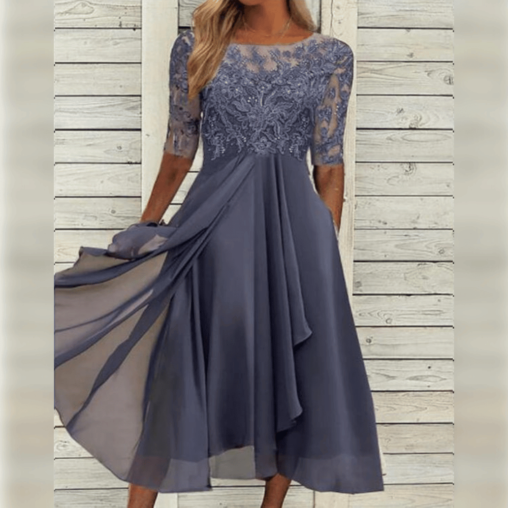 Femme Robe Midi à Col Rond avec Broderie Florale et Jupe Évasée