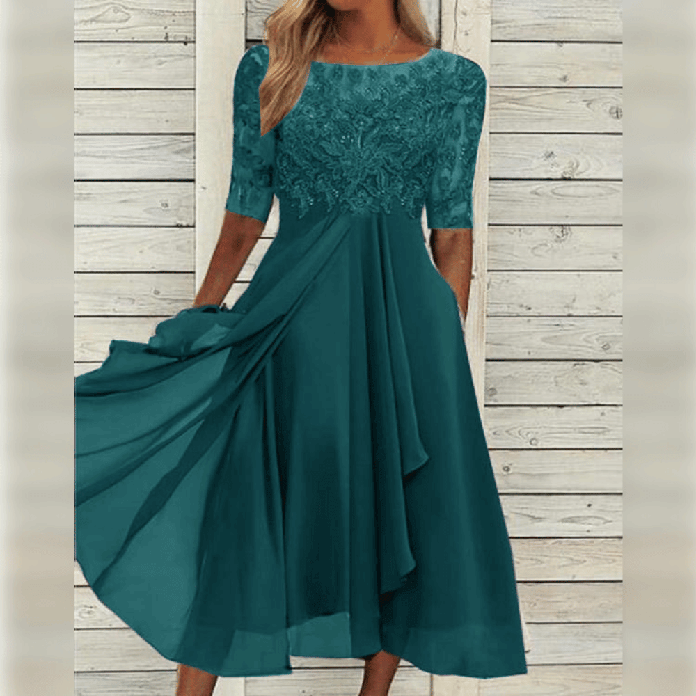 Femme Robe Midi à Col Rond avec Broderie Florale et Jupe Évasée