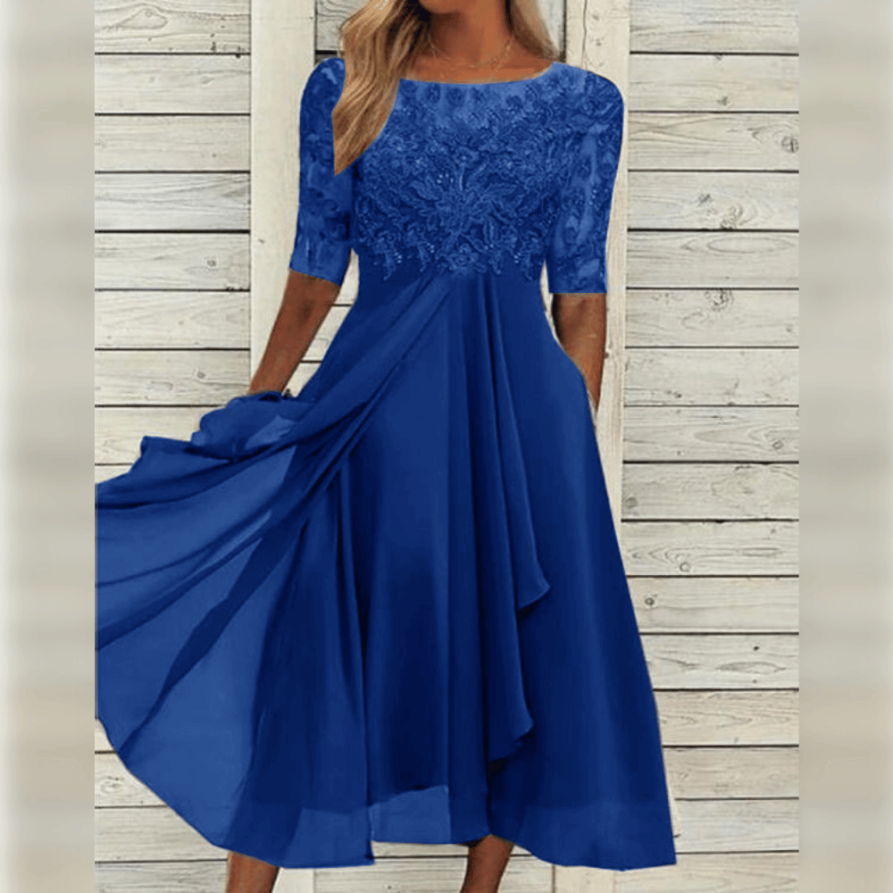 Femme Robe Midi à Col Rond avec Broderie Florale et Jupe Évasée