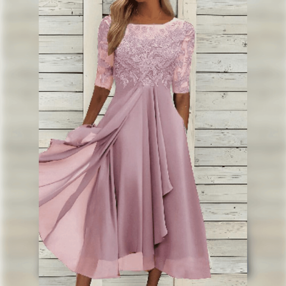 Femme Robe Midi à Col Rond avec Broderie Florale et Jupe Évasée