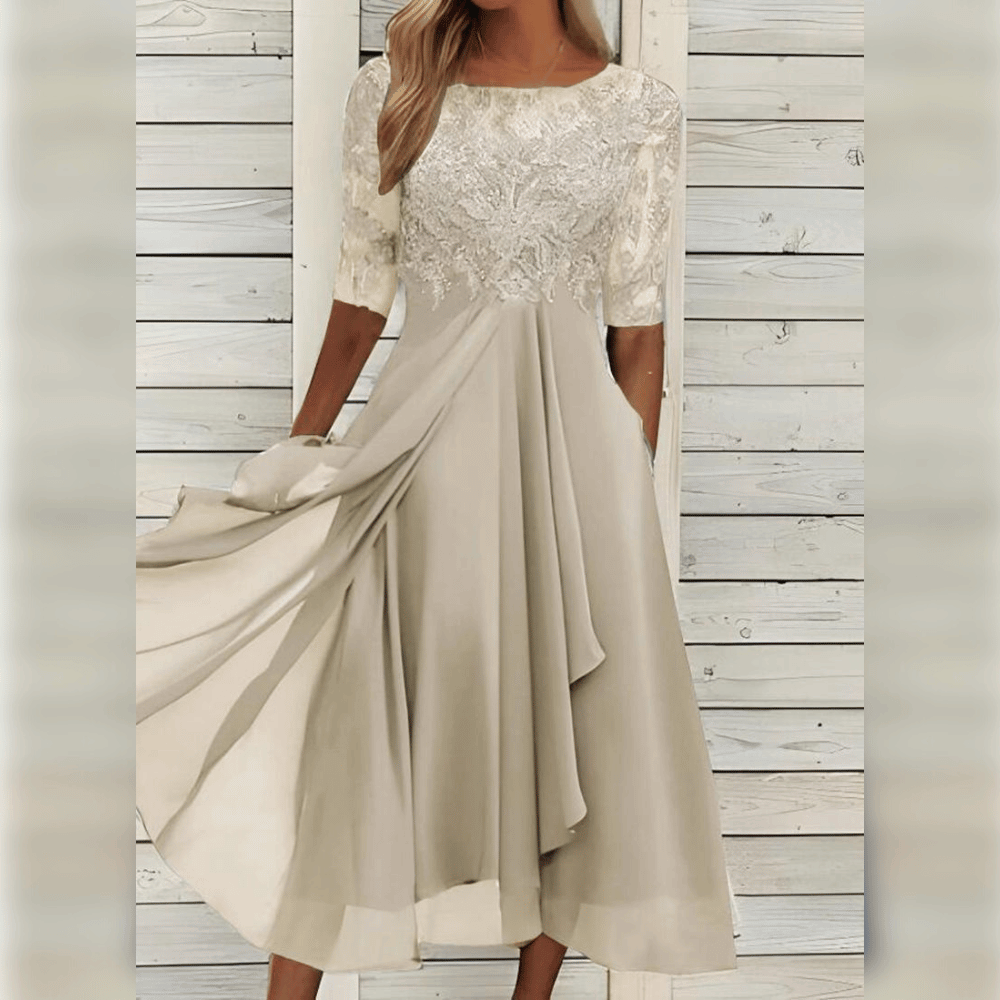 Femme Robe Midi à Col Rond avec Broderie Florale et Jupe Évasée