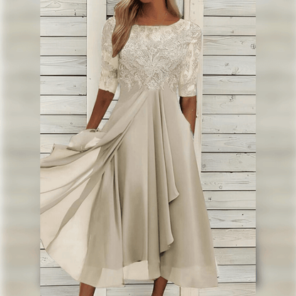 Femme Robe Midi à Col Rond avec Broderie Florale et Jupe Évasée
