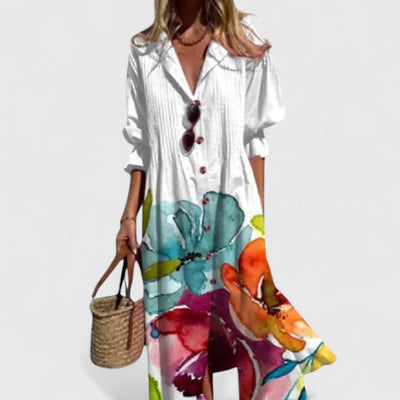 Femme Robe Midi à Imprimé avec Col en V et Boutonnage Avant Coupe Ample