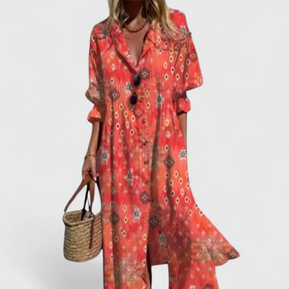 Femme Robe Midi à Imprimé avec Col en V et Boutonnage Avant Coupe Ample