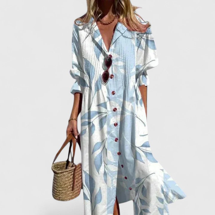 Femme Robe Midi à Imprimé avec Col en V et Boutonnage Avant Coupe Ample