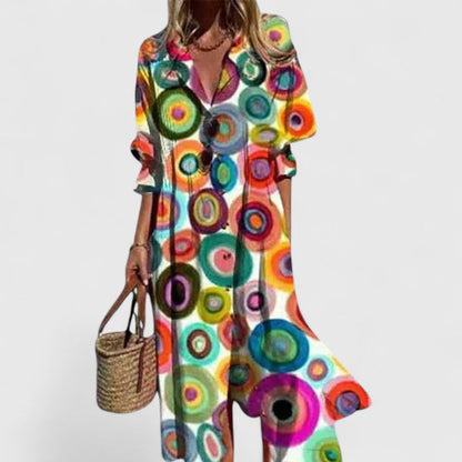 Femme Robe Midi à Imprimé avec Col en V et Boutonnage Avant Coupe Ample