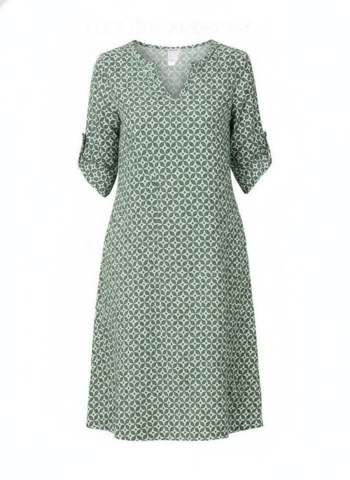 Femme Robe Midi à Imprimé Géométrique avec Col en V et Manches Trois-Quarts