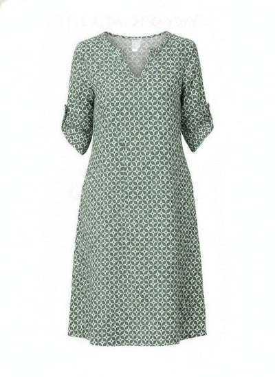 Femme Robe Midi à Imprimé Géométrique avec Col en V et Manches Trois-Quarts
