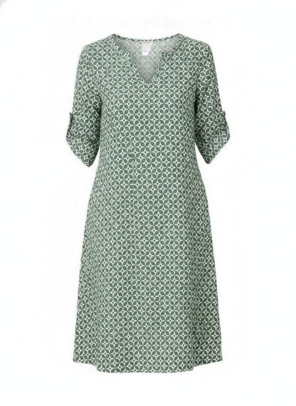 Femme Robe Midi à Imprimé Géométrique avec Col en V et Manches Trois-Quarts
