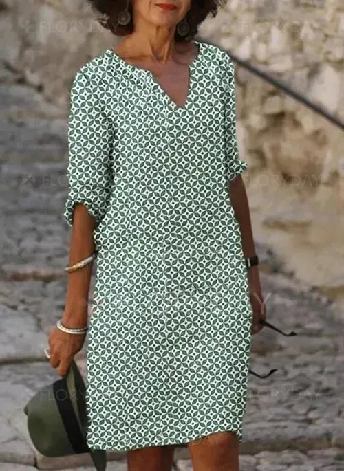 Femme Robe Midi à Imprimé Géométrique avec Col en V et Manches Trois-Quarts