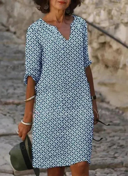 Femme Robe Midi à Imprimé Géométrique avec Col en V et Manches Trois-Quarts
