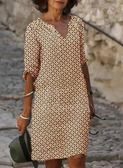 Femme Robe Midi à Imprimé Géométrique avec Col en V et Manches Trois-Quarts