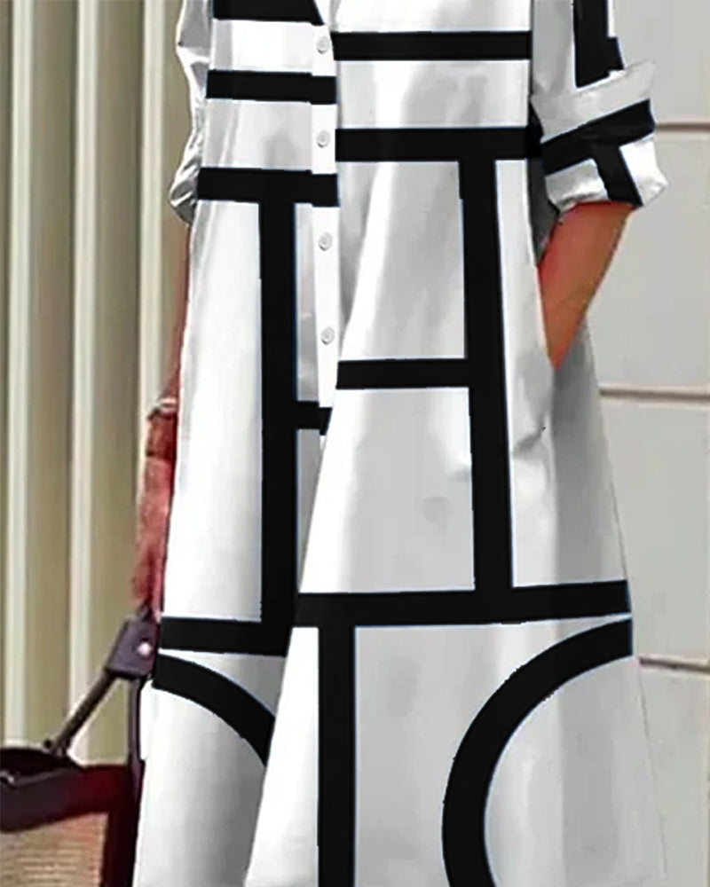 Femme Robe Midi à Imprimé Géométrique, Col Chemise et Manches 3/4