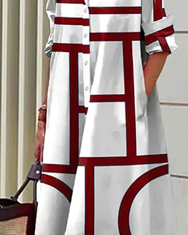 Femme Robe Midi à Imprimé Géométrique, Col Chemise et Manches 3/4