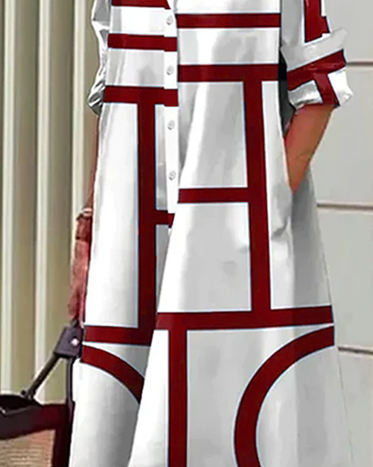 Femme Robe Midi à Imprimé Géométrique, Col Chemise et Manches 3/4