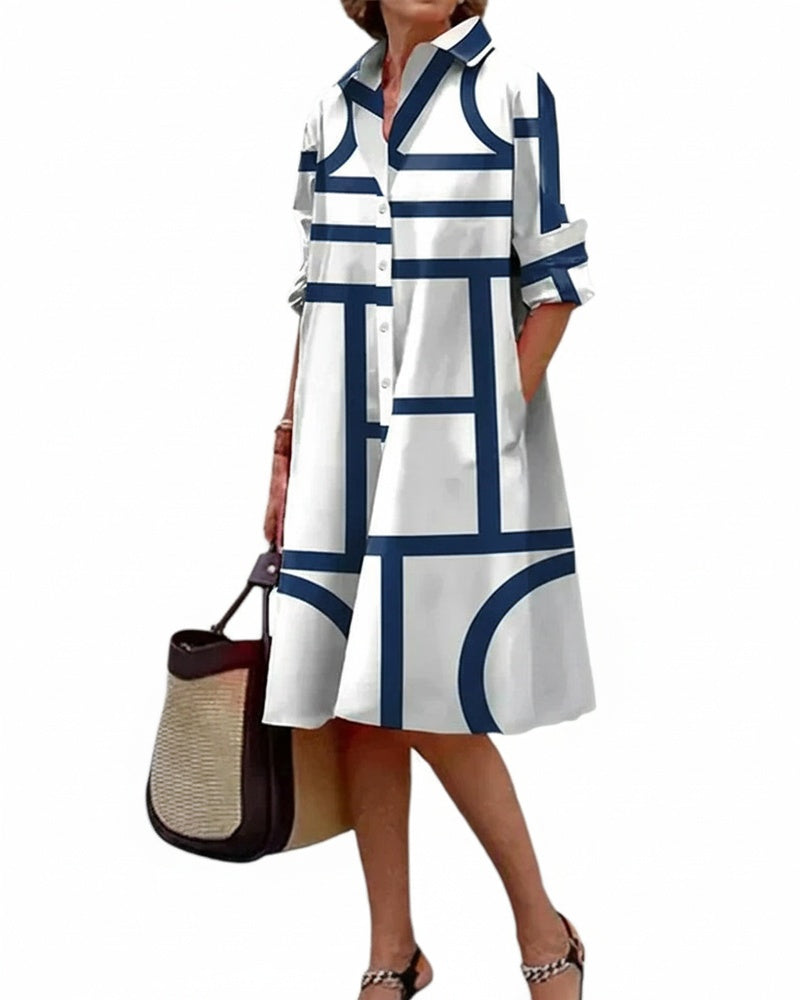Femme Robe Midi à Imprimé Géométrique, Col Chemise et Manches 3/4