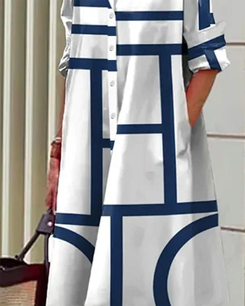 Femme Robe Midi à Imprimé Géométrique, Col Chemise et Manches 3/4