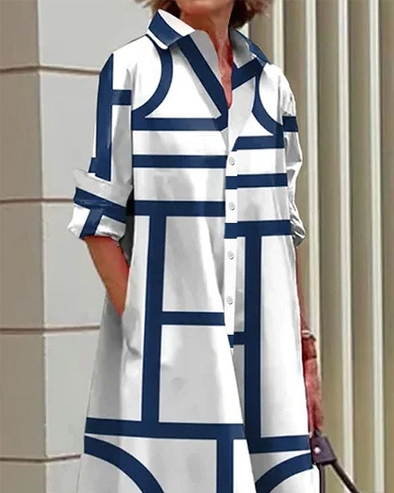 Femme Robe Midi à Imprimé Géométrique, Col Chemise et Manches 3/4