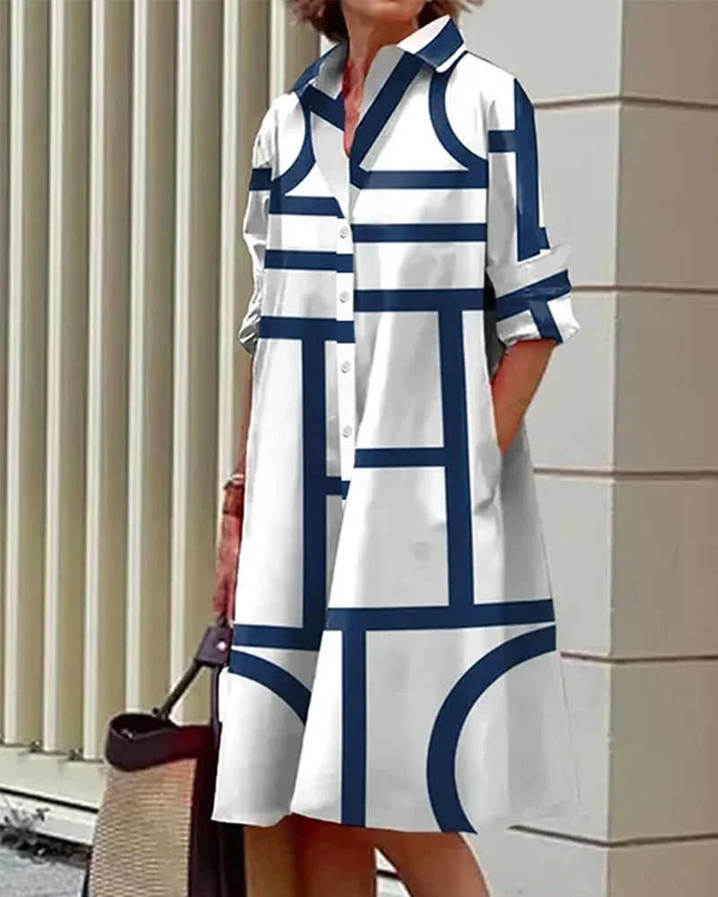 Femme Robe Midi à Imprimé Géométrique, Col Chemise et Manches 3/4