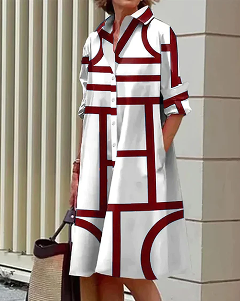 Femme Robe Midi à Imprimé Géométrique, Col Chemise et Manches 3/4