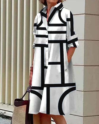 Femme Robe Midi à Imprimé Géométrique, Col Chemise et Manches 3/4
