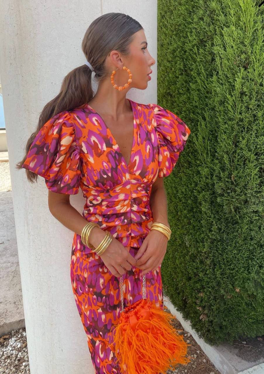 Femme Robe Midi à Imprimé Léopard avec Col en V et Manches Bouffantes