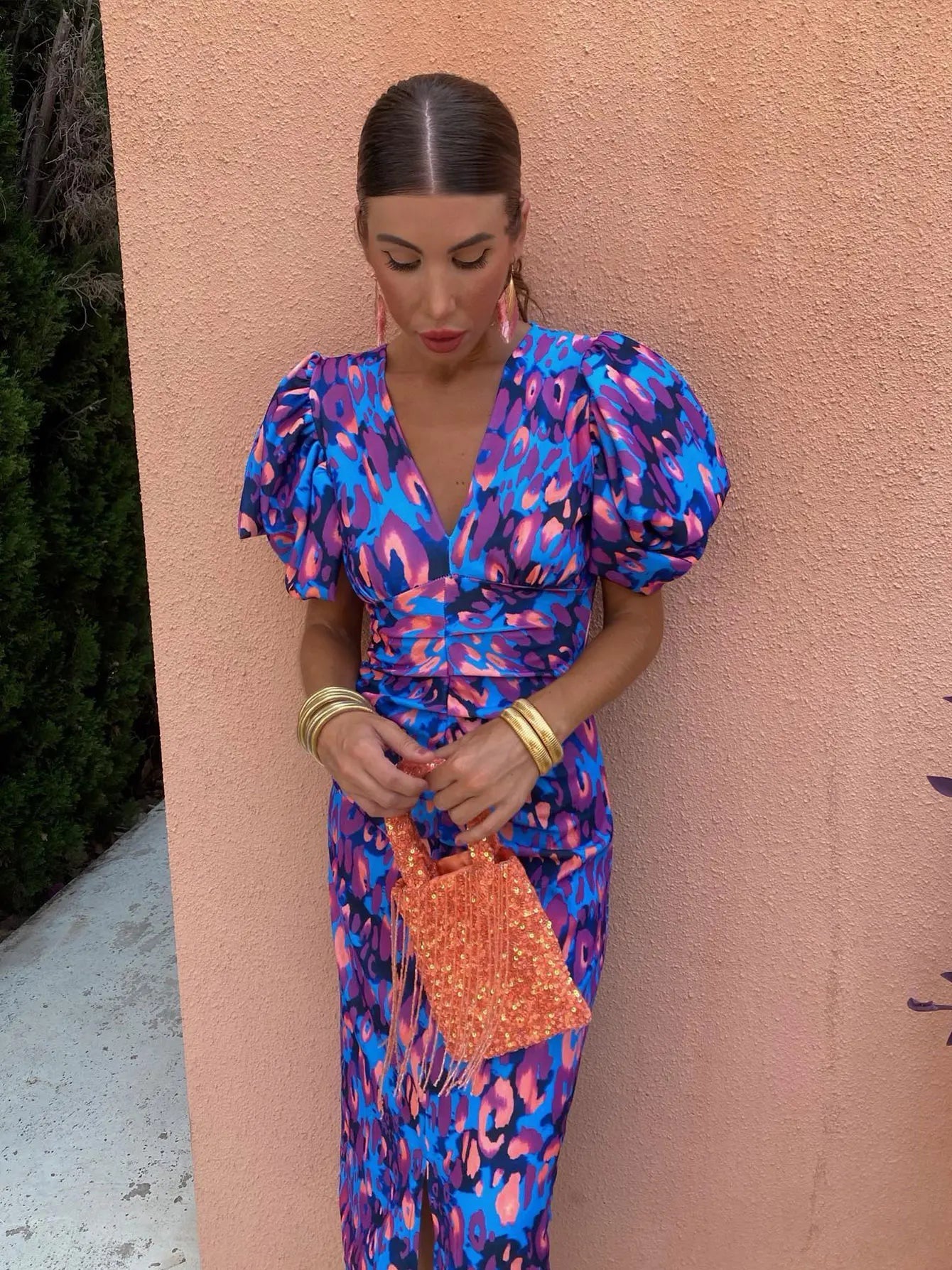 Femme Robe Midi à Imprimé Léopard avec Col en V et Manches Bouffantes
