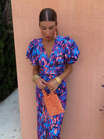 Femme Robe Midi à Imprimé Léopard avec Col en V et Manches Bouffantes