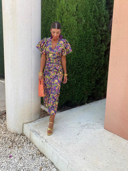 Femme Robe Midi à Imprimé Léopard avec Col en V et Manches Bouffantes