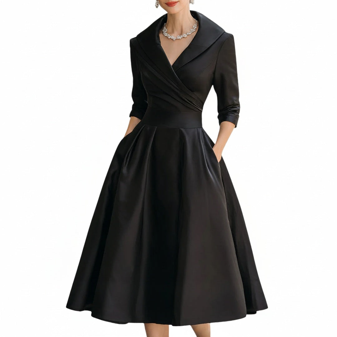 Femme Robe Midi A-ligne avec Col en V Croisé et Manches Trois-quarts