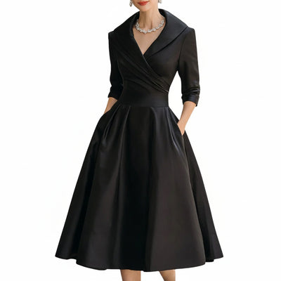 Femme Robe Midi A-ligne avec Col en V Croisé et Manches Trois-quarts