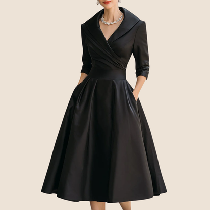 Femme Robe Midi A-ligne avec Col en V Croisé et Manches Trois-quarts