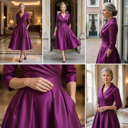 Femme Robe Midi A-ligne avec Col en V Croisé et Manches Trois-quarts