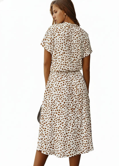 Femme Robe Midi à Manches Courtes avec Col en V et Ceinture à Nouer