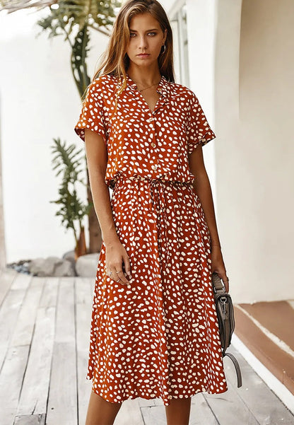 Femme Robe Midi à Manches Courtes avec Col en V et Ceinture à Nouer