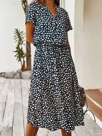 Femme Robe Midi à Manches Courtes avec Col en V et Ceinture à Nouer