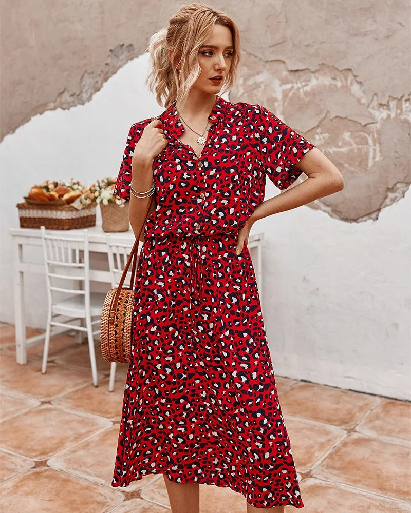 Femme Robe Midi à Manches Courtes avec Col en V et Ceinture à Nouer