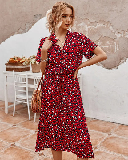 Femme Robe Midi à Manches Courtes avec Col en V et Ceinture à Nouer