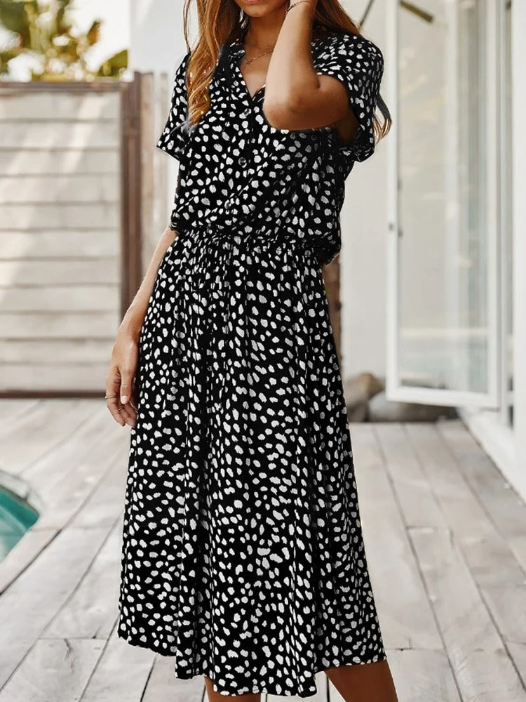 Femme Robe Midi à Manches Courtes avec Col en V et Ceinture à Nouer