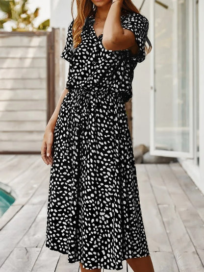 Femme Robe Midi à Manches Courtes avec Col en V et Ceinture à Nouer