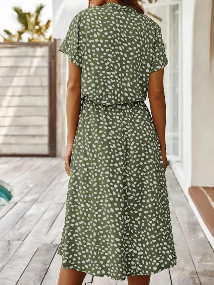 Femme Robe Midi à Manches Courtes avec Col en V et Ceinture à Nouer