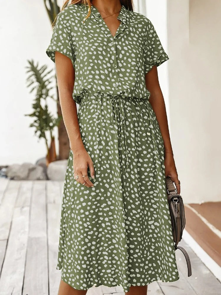 Femme Robe Midi à Manches Courtes avec Col en V et Ceinture à Nouer