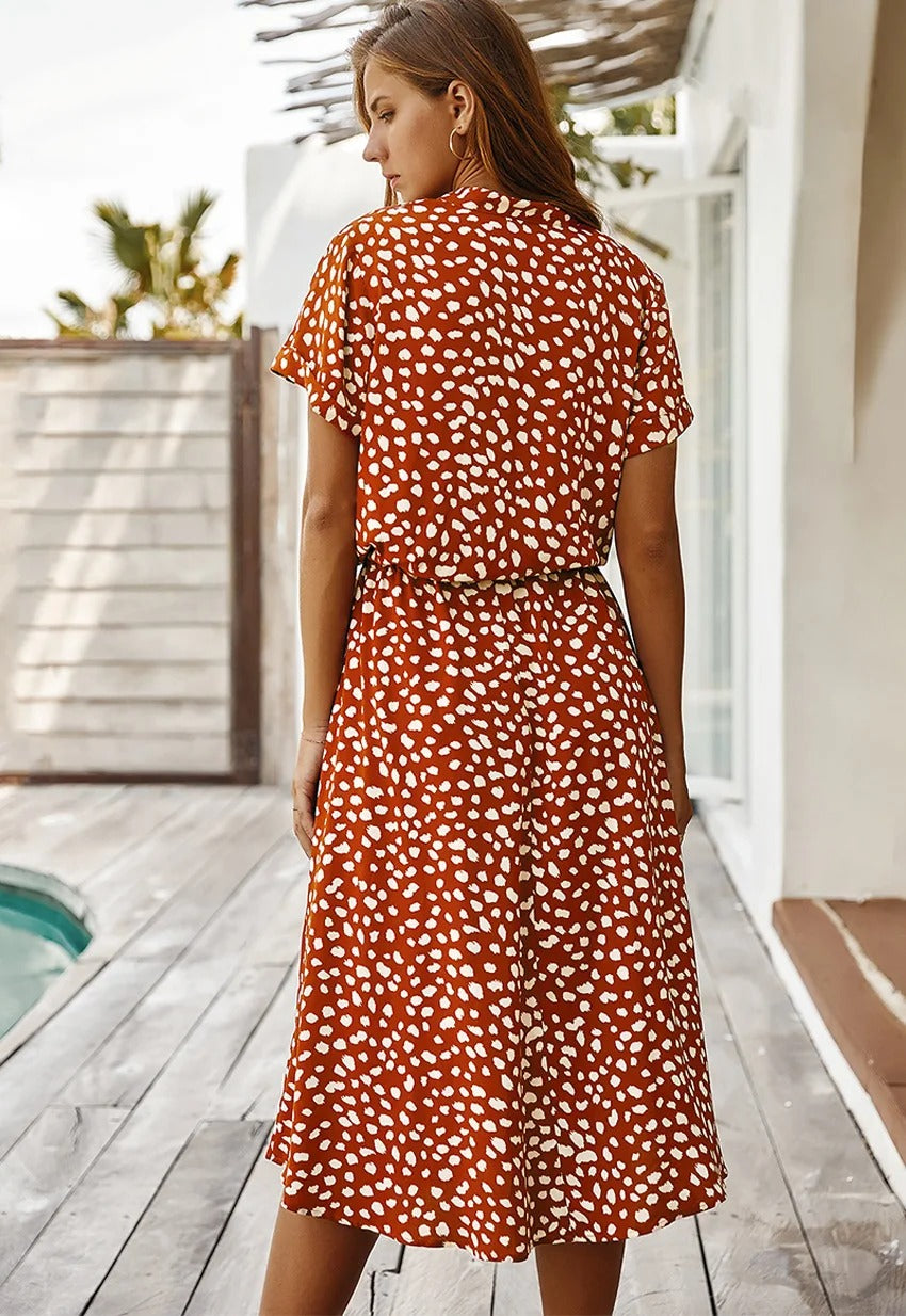 Femme Robe Midi à Manches Courtes avec Col en V et Ceinture à Nouer