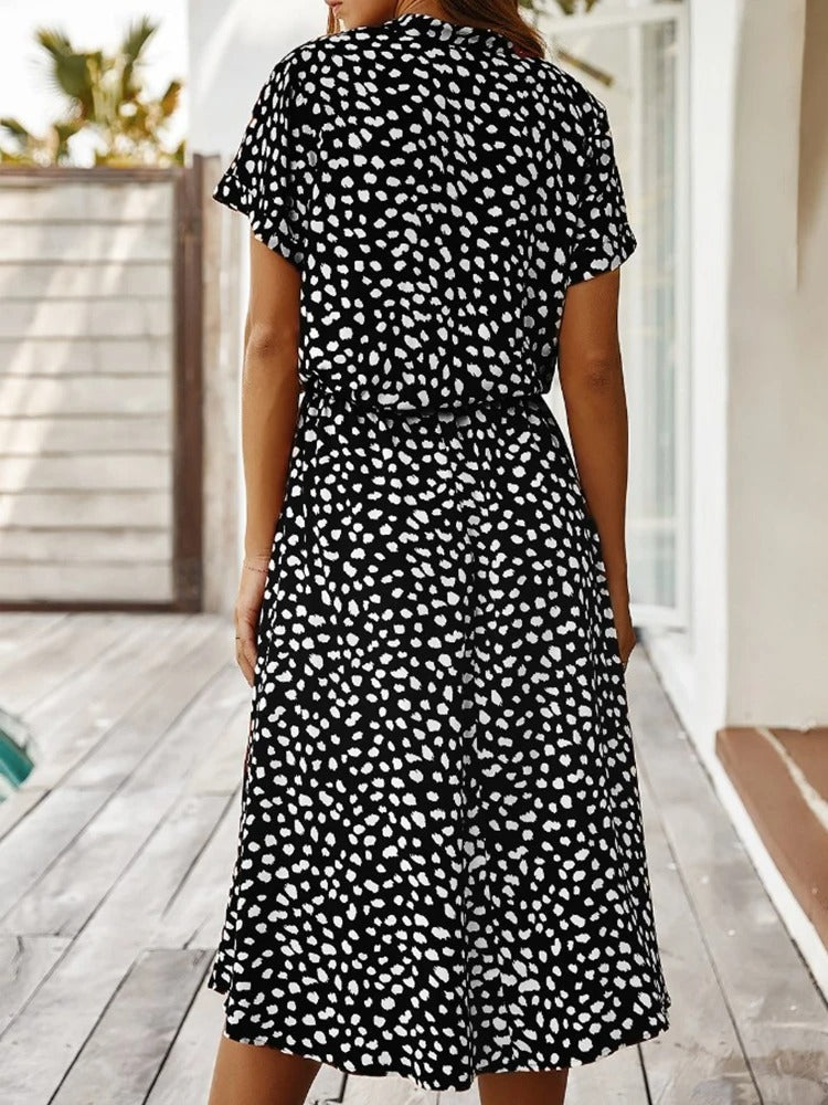 Femme Robe Midi à Manches Courtes avec Col en V et Ceinture à Nouer
