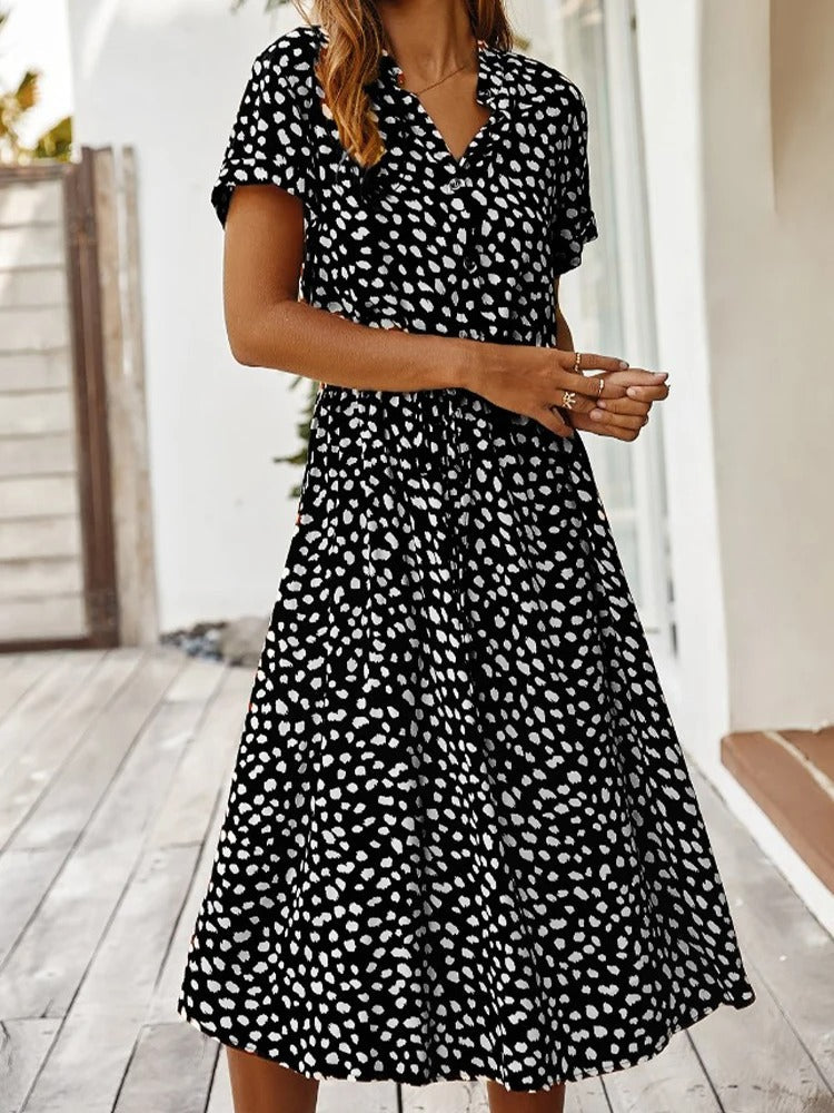 Femme Robe Midi à Manches Courtes avec Col en V et Ceinture à Nouer