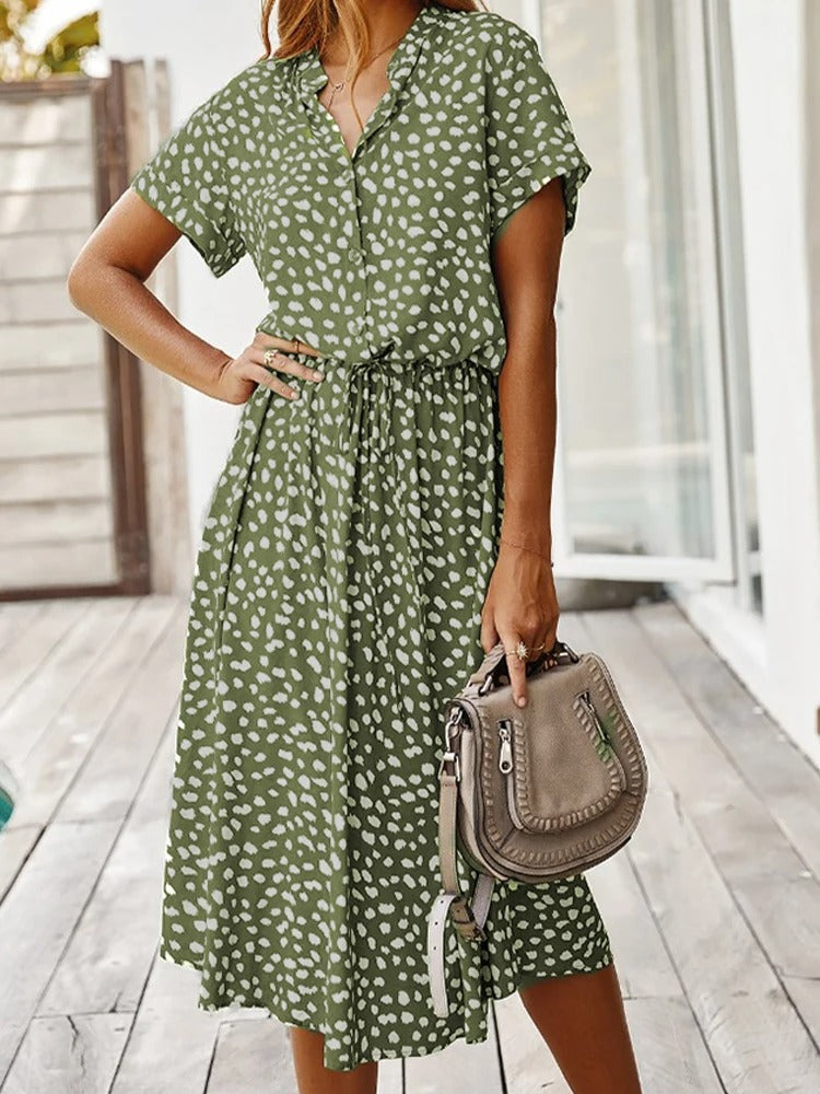 Femme Robe Midi à Manches Courtes avec Col en V et Ceinture à Nouer