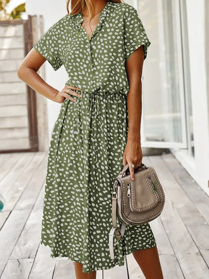 Femme Robe Midi à Manches Courtes avec Col en V et Ceinture à Nouer